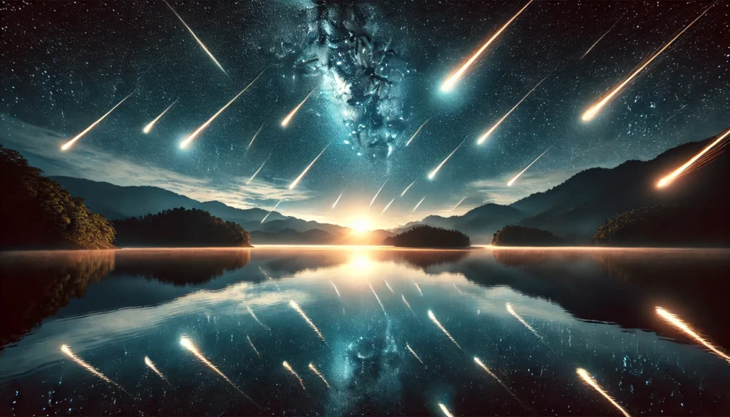 Stunning meteor shower above a calm lake